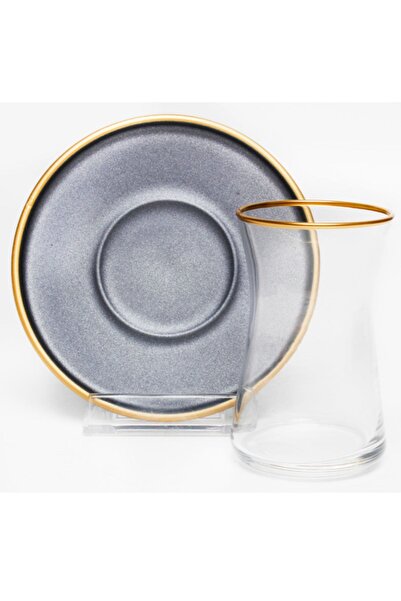 LEONARTE CASA 6 Kişilik Bohemıa Kristal Bardaklı Altın Çay Takımı Metalik Gri