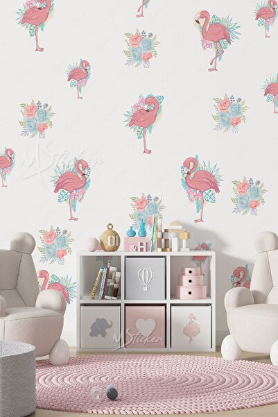 MSticker Фламінго та м'які кольорові квіти Набір наклейок на стіни дитячої кімнати