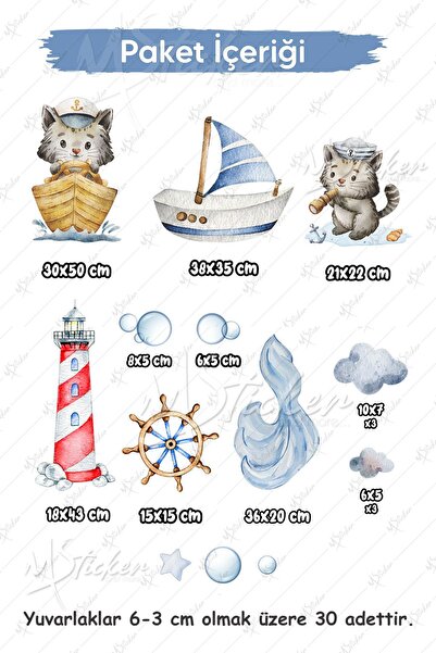 MSticker Sevimli Kaptan Kedi ve Figürleri Boy Cetveli Seti, Çocuk Bebek Odası Kaptan Kedi Boy Cetveli