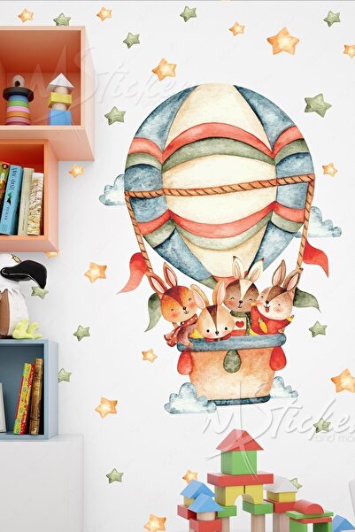 MSticker Balonda Uçan Tavşan Ailesi Ve Yıldızlar Suluboya Tonlarında Tavşan A...