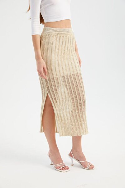 Hiccup High Waist and Slit Knitted Midi Skirt - Open Embroidered