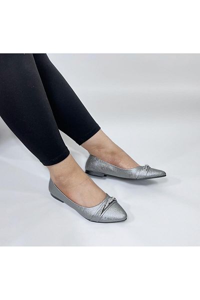 Fiyra 4006 Platinum Knitted - Stylish Wedding and Daily Ballerinas with Stone Detail
