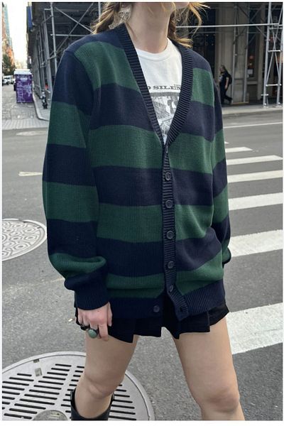 laughs Women's v-neck buttoned striped long loose sweater cardigan WG3003