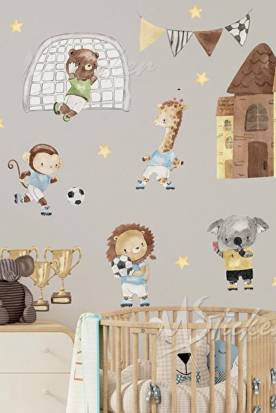 MSticker Futbol Oynayan Sevimli Hayvanlar Çocuk Bebek Odası Duvar Cam Sticker...
