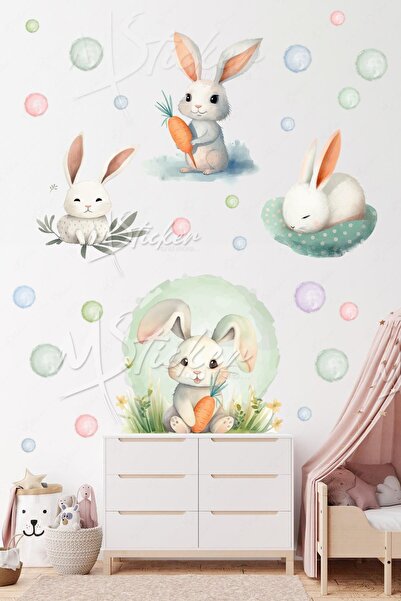 MSticker Soft Renklerde Tavşanlar ve Puantiyeler Çocuk Bebek Odası Cam Duvar ...