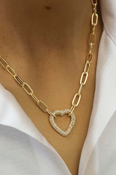 Genel Markalar Altın Renk Kadın Zirkon Taşlı Kalp Figürlü Ataç Dikdörtgen Zin...