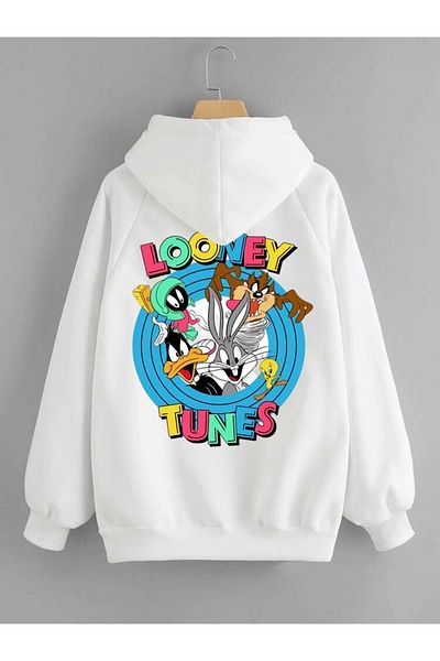 DEEPSENCE Unisex Sweatshirt Hooded Looney Back Printed White