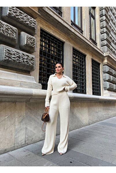 LB Laluna Butik Women's Polo Neck Sweater and High Waist Palazzo Pants Knitwear Set