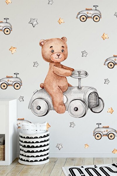MSticker Araba Kullanan Sevimli Ayıcık Küçük Arabalar ve Yıldızlar Çocuk Bebe...