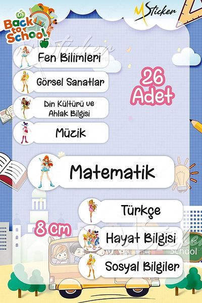 MSticker ملصق الدرس المدرسي Winx تحت عنوان 26 قطعة 8 سم ملصق الدرس المدرسي