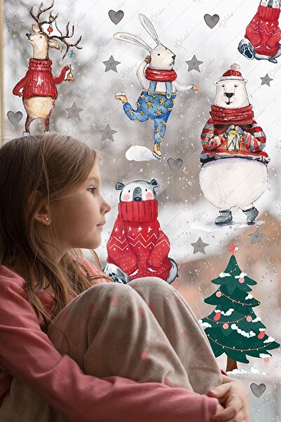 MSticker Yılbaşı Cam Duvar Süsü, Kış Konseptli Ayıcıklar Ve Sevimli Hayvanlar...