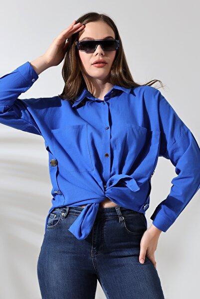 ForShe Kadın Oversize Yanları Düğme Detaylı Gömlek Saks FOR71043