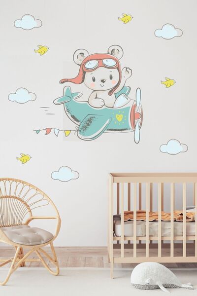 MSticker ملصق غرفة الأطفال على شكل دب طائر على متن الطائرة بألوان ناعمة