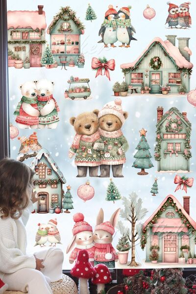 MSticker Mahallede Kış Sevinci Sevimli Hayvanlar ve Karlı Evler Yılbaşı Sticker Süsü Yeni Yıl Kış Konsepti