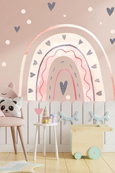MSticker Pembe Tonlarda Gökkuşağı Ve Gri Kalpler Çocuk Bebek Odası Dekorasyon...