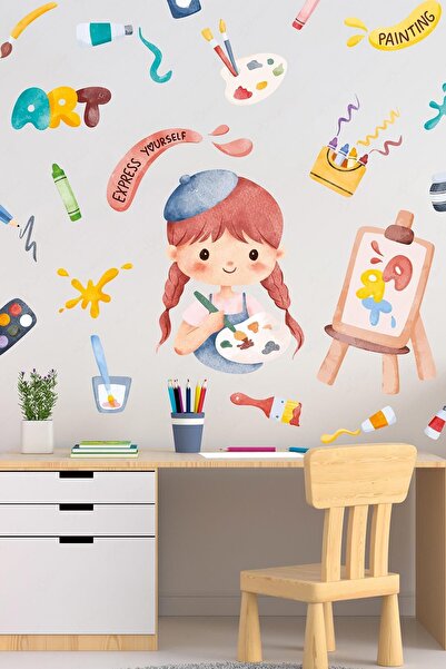 MSticker Ressam Kız Sticker Seti, Resim Yapan Çocuk ve Boyalar Sevimli Eğlenc...