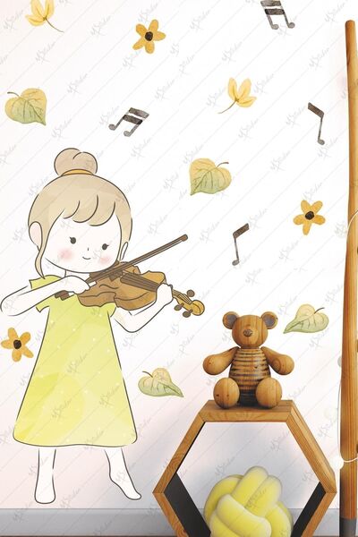 MSticker Kemancı Kız Ve Sevimli Figürler Çocuk Bebek Odası Cam Duvar Sticker ...