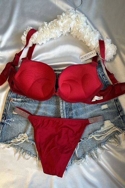 Morensa Red Stone Detailed Double Support Push up Bra Set