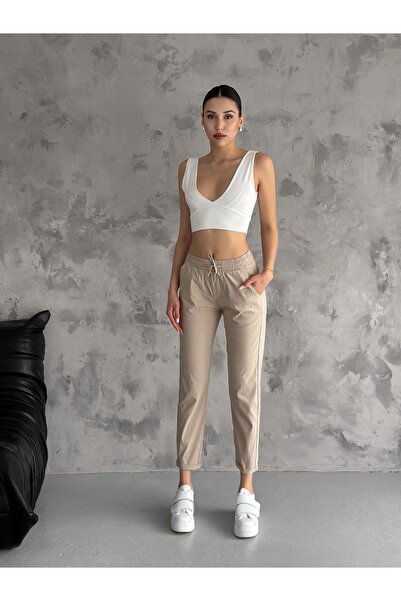 diaves Kadın Krem Bilek Boy Beli Lastikli Double Paça Smart Pantolon