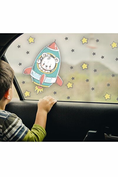 MSticker Autocolant drăguț cu ursuleț într-o navetă spațială pentru geamul mașinii - autocolant de călătorie pentru copii