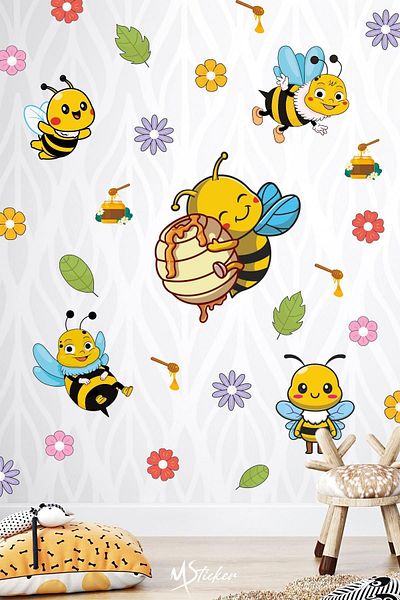 MSticker Cute Bees Flowers and Leaves Παιδικό Βρεφικό Δωμάτιο Σετ αυτοκόλλητο γυάλινο ντουλάπι τοίχου, αυτοκόλλητο μέλισσας