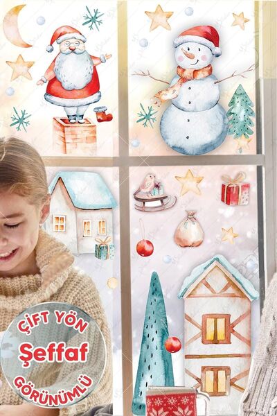 MSticker Yılbaşı Sticker Seti - Eğlenceli Kış Figürleri Cam Duvar Sticker Seti - Şeffaf