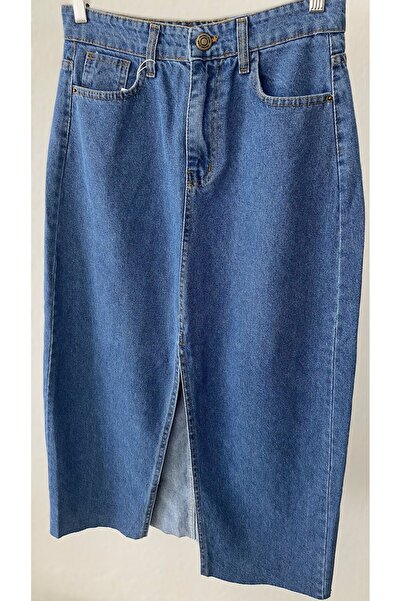 BANA STORE ÖNDEN YIRTMAÇLI UCU KESİK MAVİ KOT ETEK