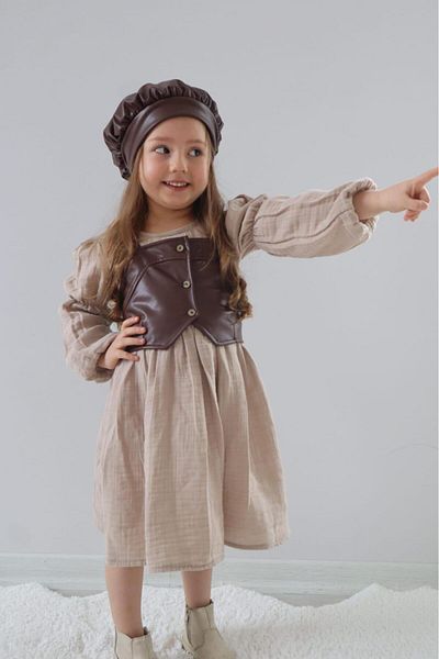 meqlife 2024-2025 Beige Colored Girl's Special Production Dress with Vest and Hat