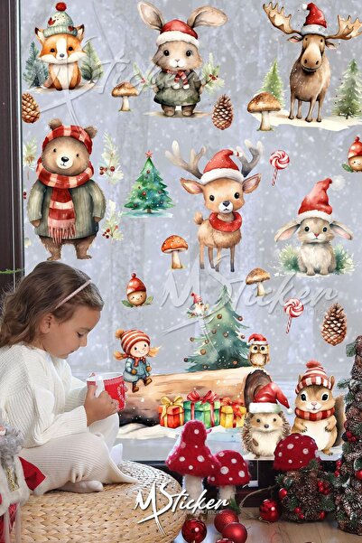 MSticker Karlı Orman Kış Konseptli Yeni Yıl Cam Duvar Sticker Seti, Sevimli Hayvanlar Yılbaşı Sticker