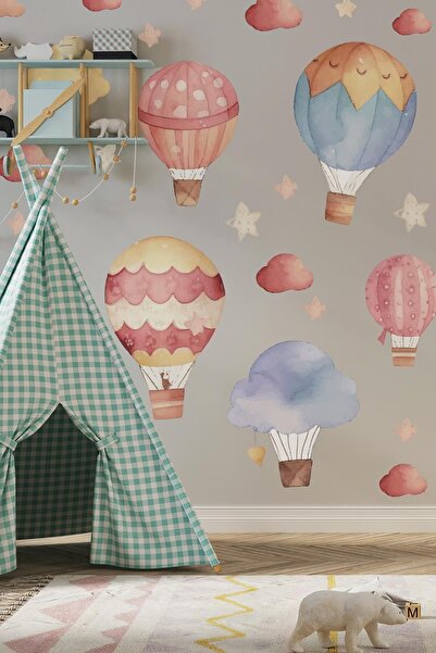 MSticker Retro Soft Renklerde Balonlar ve Bulutlar Çocuk Bebek Odası Duvar Ca...