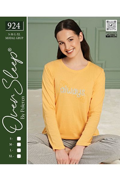 Over Sleep by Poleren Set de pijamale de damă, cu mâneci lungi, cu gâtul rotund, de culoare galbenă