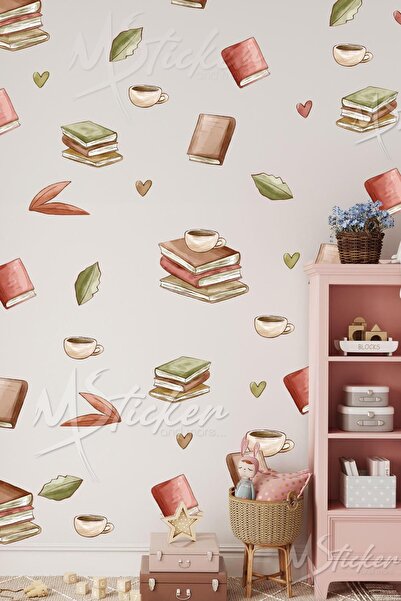 MSticker Vintage Kitaplar Yapraklar ve Kahve Cam Duvar Sticker seti