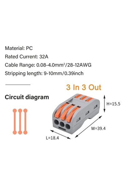 Maroces 20 ADET PCT-223 AWG 28-12 3LÜ ÇİFT TARAFLI HIZLI KABLO BİRLEŞTİRİCİ