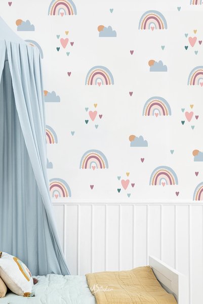 MSticker Boho Rainbow Hearts and Figures Kids Baby Room Wall Sticker Set, Rainbow in Pastel Colors