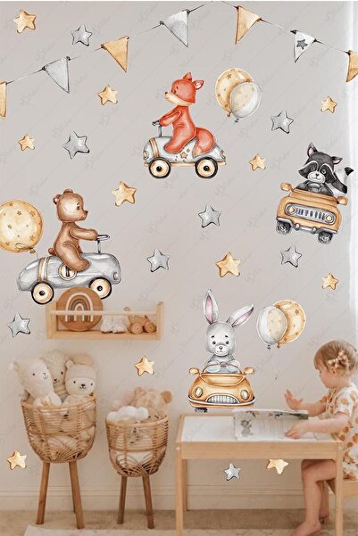 MSticker Arabada Sevimli Hayvanlar Çocuk Bebek Odası Sticker Seti