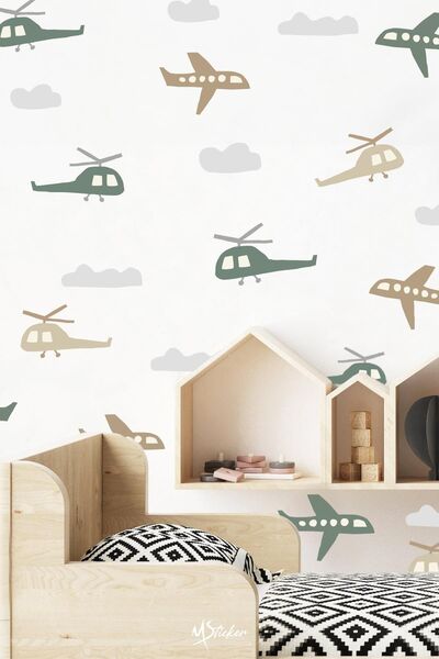 MSticker Minik Uçaklar ve Helikopterler Soft Renklerde Çocuk Bebek Odası Stic...