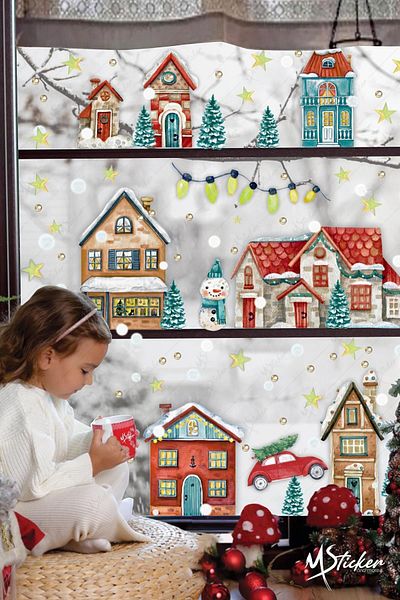MSticker Πρωτοχρονιάτικο Snowy City Πρωτοχρονιάτικο Σετ αυτοκόλλητων για παιδικό δωμάτιο μωρού Πρωτοχρονιάτικο στολίδι, χειμερινό στολίδι με αυτοκόλλητο