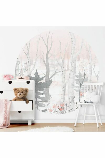 MSticker Yuvarlak Soft Renklerde Orman Manzaralı Duvar Sticker (95x95 Cm)