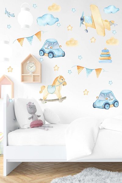 MSticker Autocolant pentru cameră pentru copii, mașină, avion, cai în tonuri pastelate