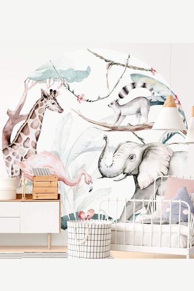 MSticker Yuvarlak Ormanda Fil Flamingo Zürafa Sincap Ve Ağaçlar Duvar Sticker...