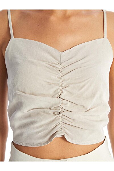 LC Waikiki LCW Vision Μπεζ γιακά καρδιάς με ίσιο λουράκι λινό ανάμεικτο γυναικείο Crop