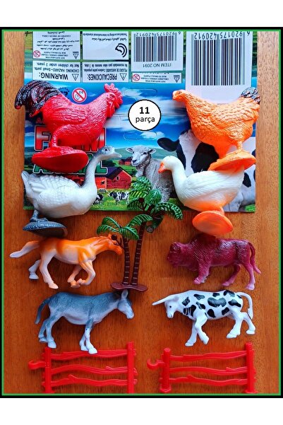 OYUNCAKSAHİLİ Çiftlik Kümes Hayvanları Kırılmaz Oyuncak 11 Adet Boğa Horoz Kaz Tavuk Ördek At Angus Çit