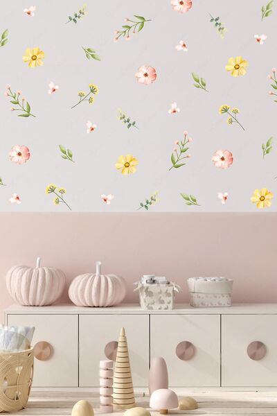 MSticker Soft Renklerde Çiçekler ve Yapraklar Duvar Cam Sticker Seti