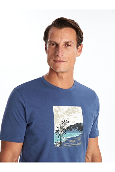 LC Waikiki LCWAIKIKI - Κλασικό Indigo ανδρικό μπλουζάκι με λαιμόκοψη με κοντό μανίκι χτενισμένο βαμβάκι