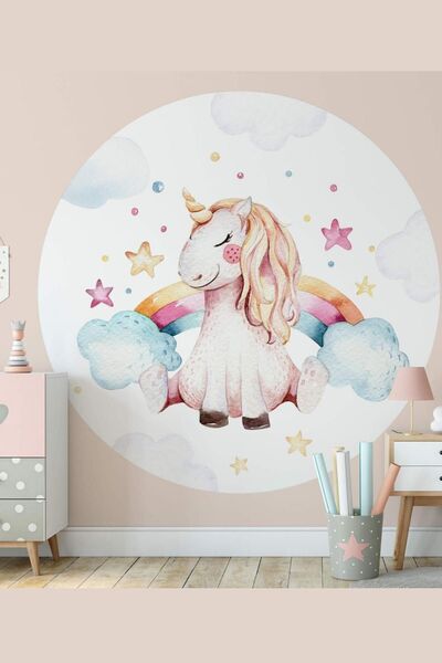 MSticker Unıcorn Gökkuşağı Bulut Ve Yıldızlar Yuvarlak Çocuk Odası Sticker