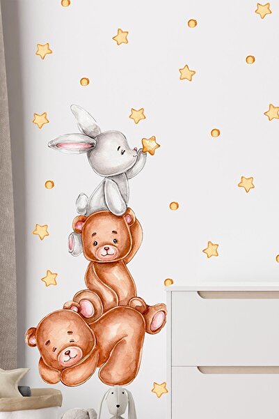 MSticker Sevimli Ayıcıklar, Tavşan, Yıldız ve Puantiyeler Çocuk Bebek Odası D...