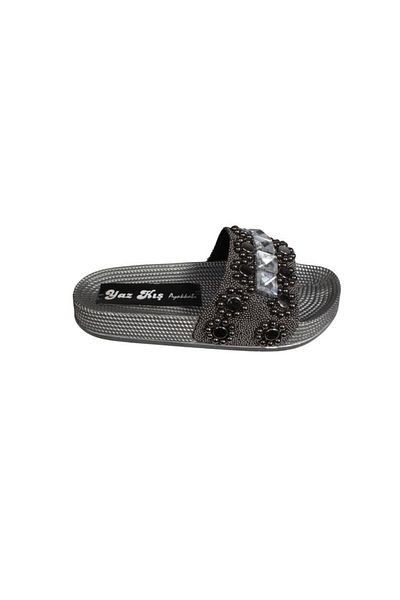Yaz Kış Ayakkabı Yazkiş Women's - Platinum Gold Color, Geometry Patterned Glittery Stone Flat Sole Slippers