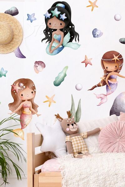 MSticker Deniz Kızları Temalı Çocuk Bebek Odası Duvar Cam Sticker Seti