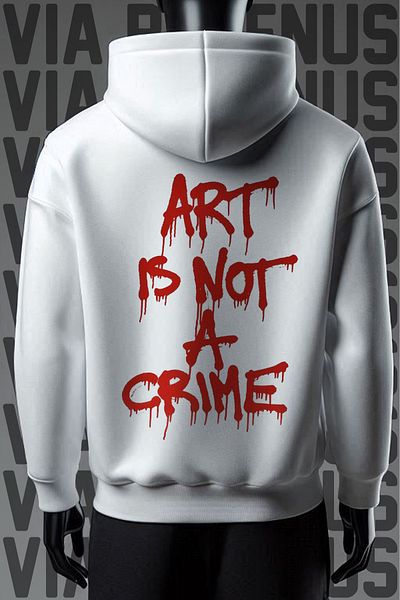 Vordevia Το Art is not a Crime - Φούτερ με λευκή κουκούλα με 3 νήματα, φαρδιά εφαρμογή, στάμπα τσέπης καγκουρό