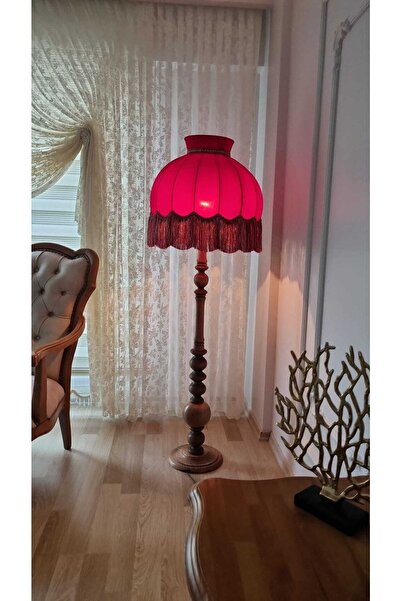 AYDIN SHOP Ayışığı Abajur Şapka Kırmızı Ayak Ahşap Rengi